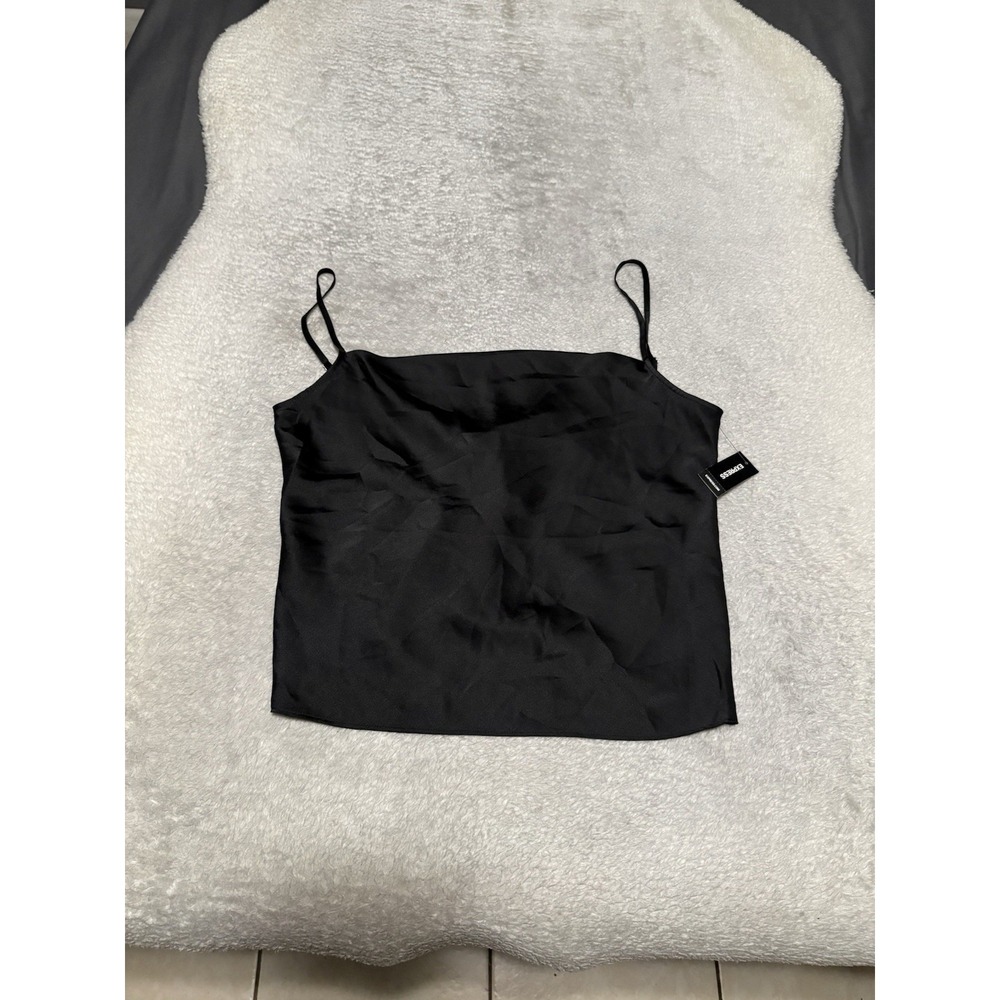 Express Black Satin Cami Tank Top Medium M NWT Open Back Rhinestone Chain Drapey